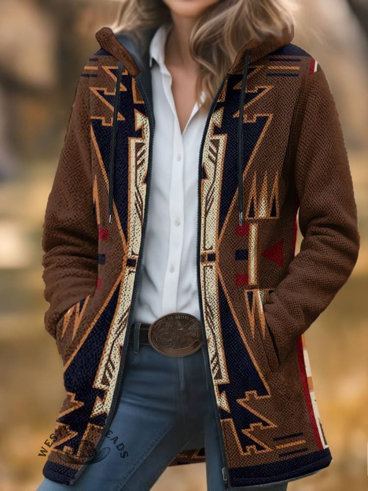 Aztec Print Unisex Plush Thick Long-Sleeved Cardigan Coat