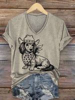 Women's Western Cowboy Dog Print V-neck Casual T-Shirt