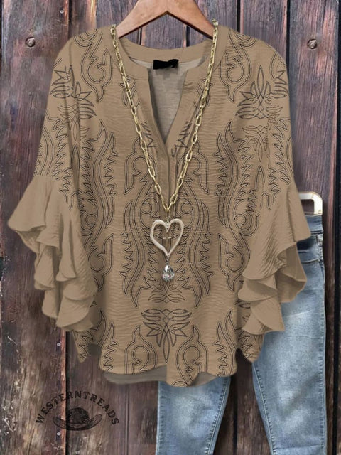 Women's Classic West Boots Print Casual Cotton And Linen Shirt