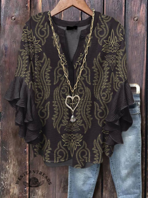 Women's Classic West Boots Print Casual Cotton And Linen Shirt