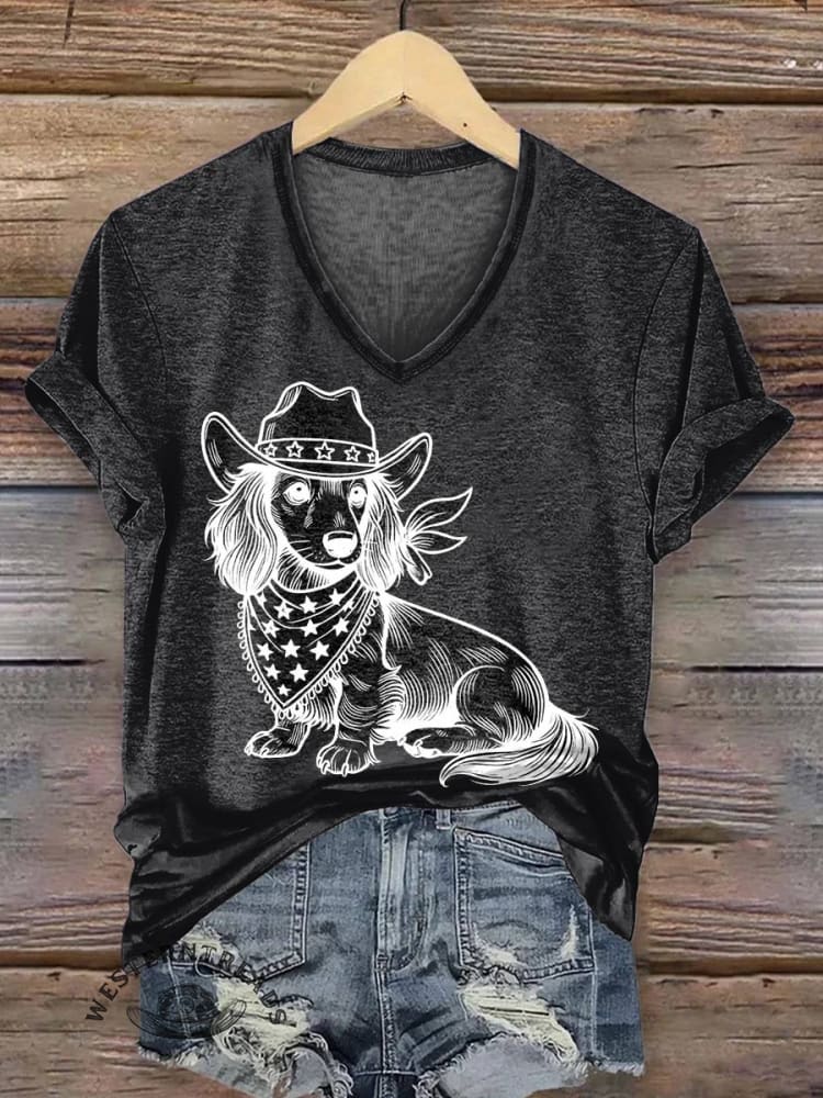 Women's Western Cowboy Dog Print V-neck Casual T-Shirt