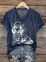 Women's Western Cowboy Dog Print V-neck Casual T-Shirt