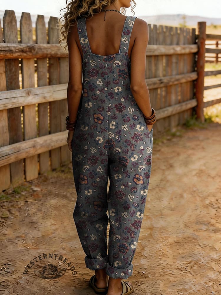 Women's Vintage Floral Print Casual Denim Jumpsuit