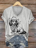 Women's Western Cowboy Dog Print V-neck Casual T-Shirt