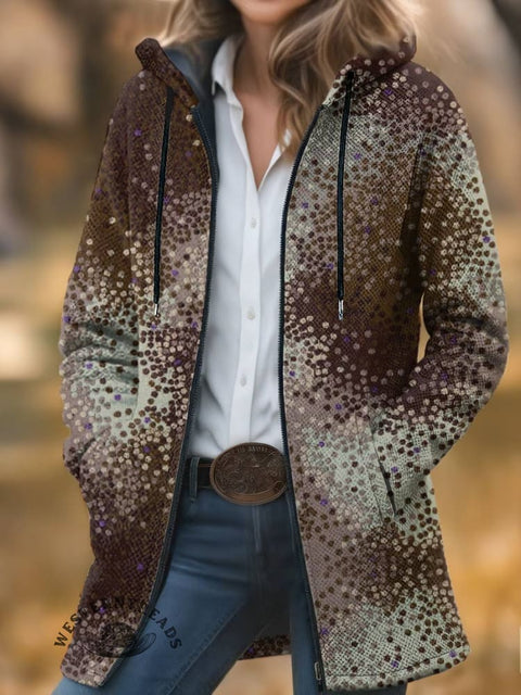 Brown Dot Print Unisex Plush Thick Long-Sleeved Cardigan Coat