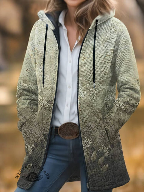 Plant Print Unisex Plush Thick Long-Sleeved Cardigan Coat
