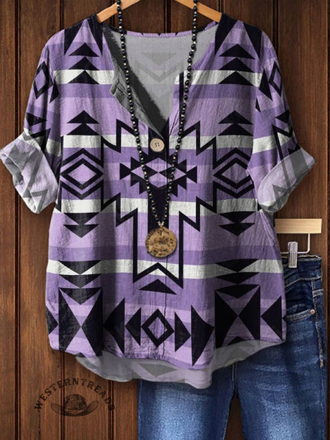 Women's Geometric Ethnic Print Casual Cotton Linen Shirt