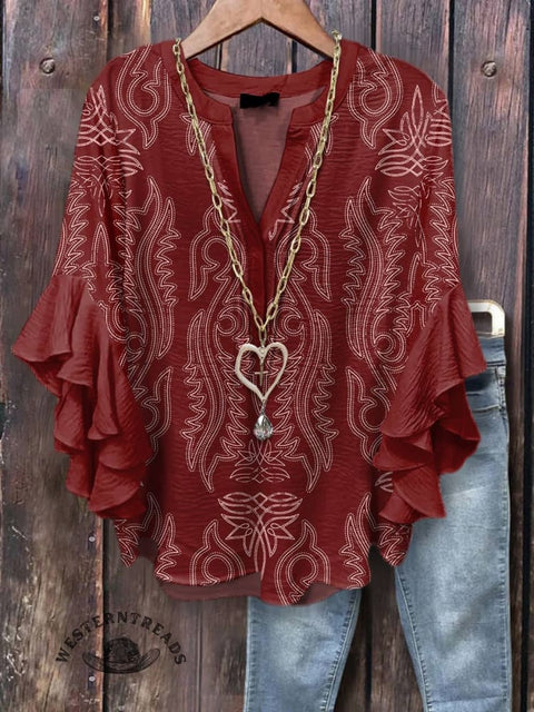 Women's Classic West Boots Print Casual Cotton And Linen Shirt