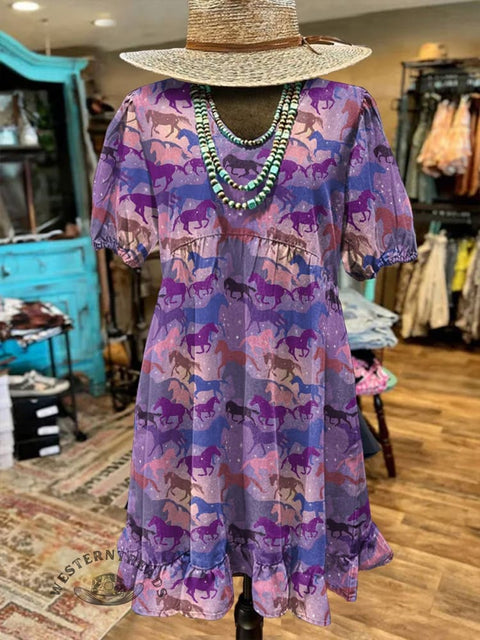 Magic Purple Horse Seamless Patchwork Pattern Women's Print Pocket Cotton Dress