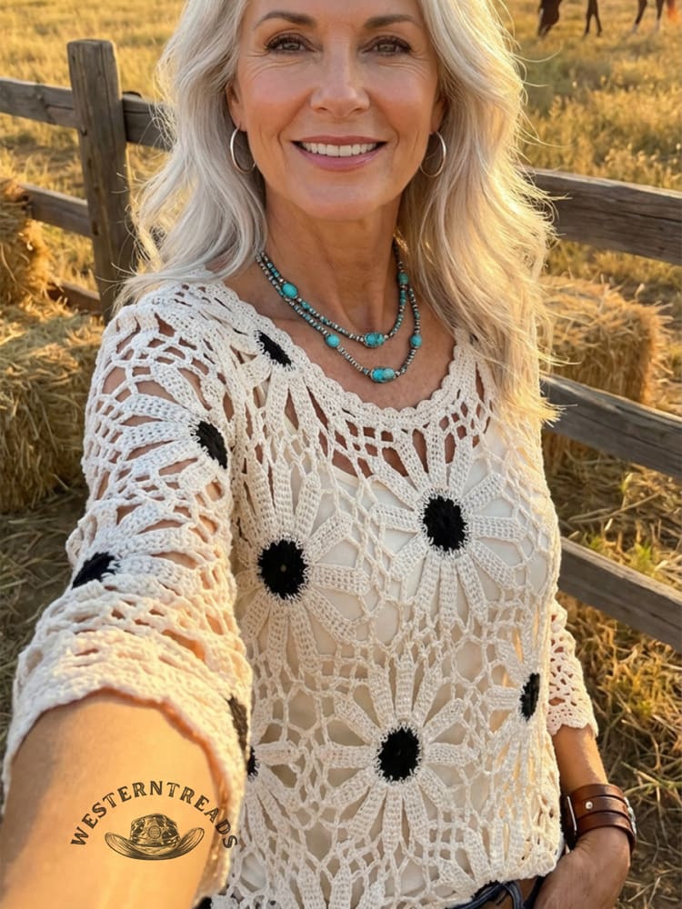 Vintage Western Art Soft Casual Crocheted Flowers Shirt