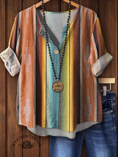 Women's Stripes Print Casual Cotton Linen Shirt