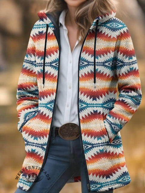 Aztec Print Unisex Plush Thick Long-Sleeved Cardigan Coat