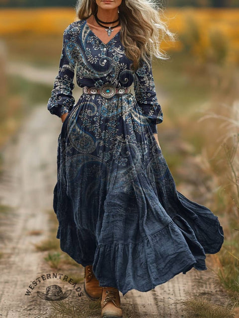 Women's Paisley Print V-Neck Button Pocket Cotton Dress