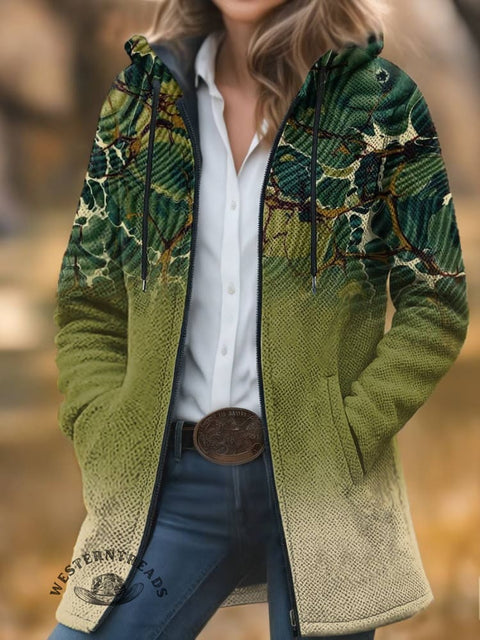 Green Print Unisex Plush Thick Long-Sleeved Cardigan Coat