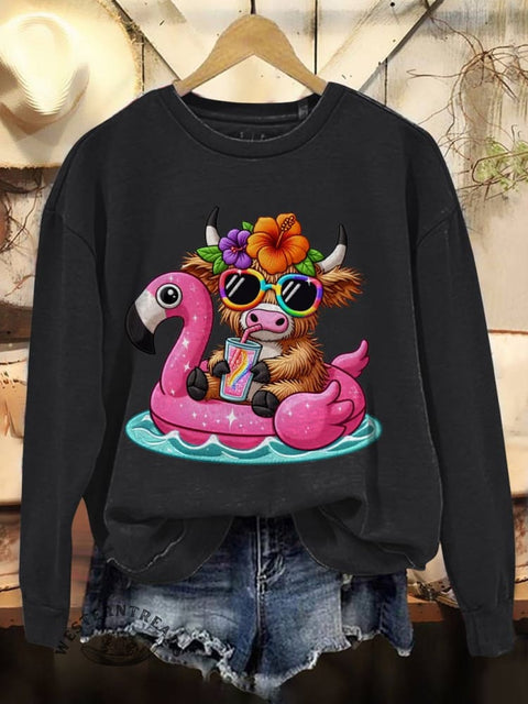 Cute Highland Cow Print Casual Cotton Sweatshirt