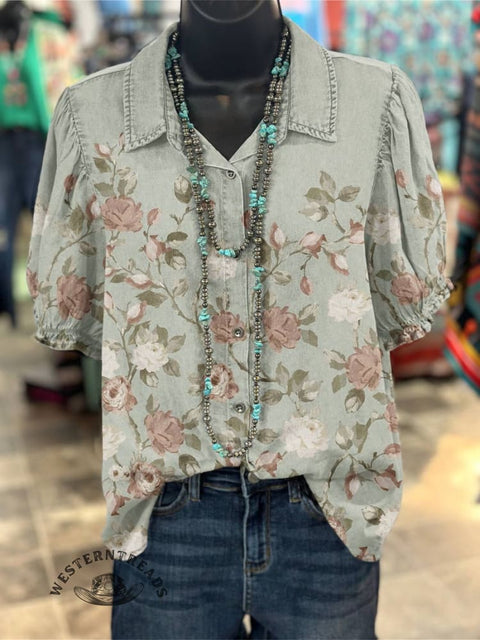 Women's Floral Print Casual Cotton Shirt