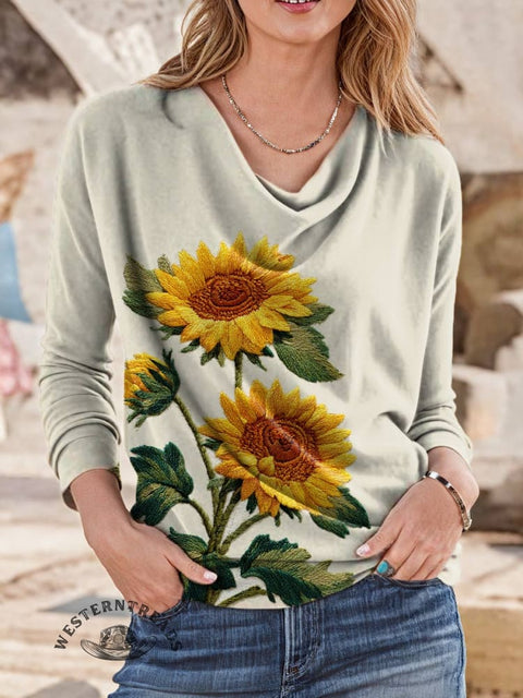 Women's Sunflower Print Casual Cotton Shirt