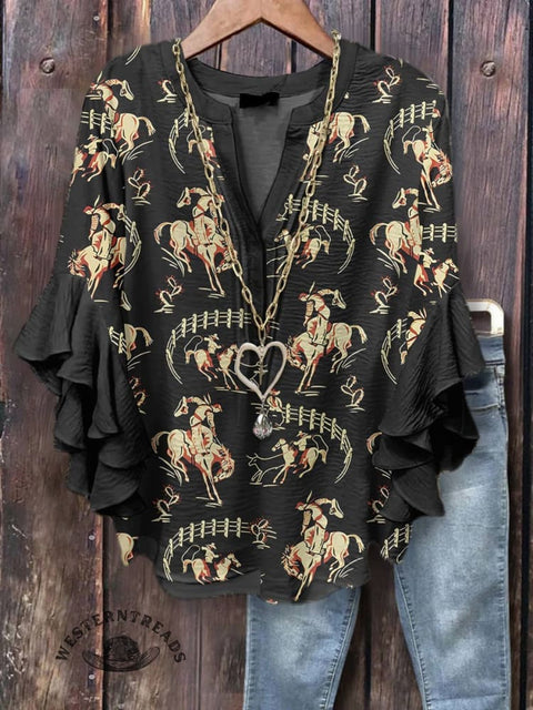 Women's Rodeo Print Casual Cotton And Linen Shirt