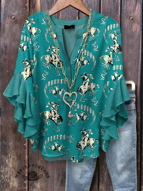 Women's Rodeo Print Casual Cotton And Linen Shirt