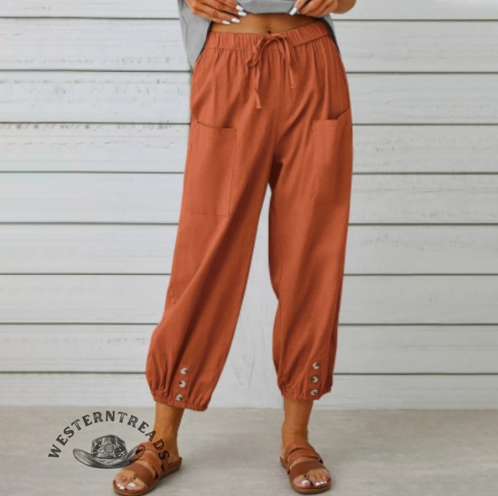 Solid Color Casual With Pocket Buttons Cotton Linen Trousers Pants