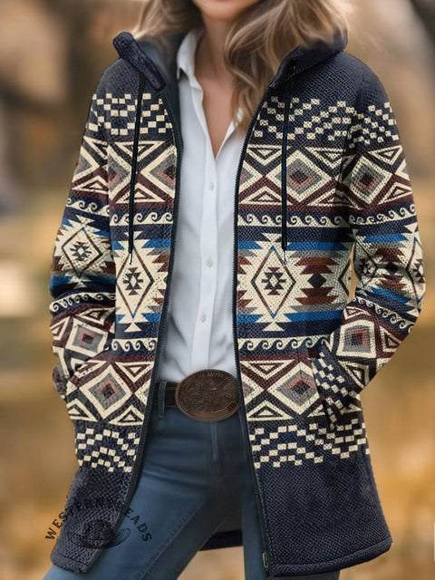 Aztec Print Unisex Plush Thick Long-Sleeved Cardigan Coat