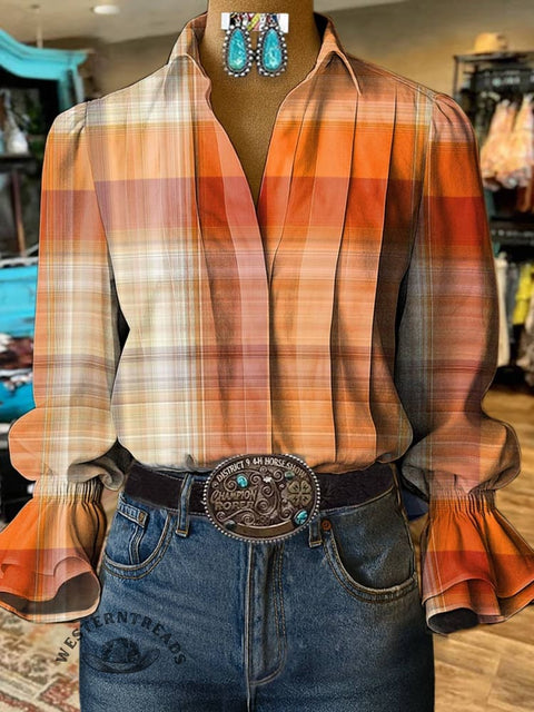 Women's Autumnal Orange Checkered Print Casual Cotton And Linen Shirt