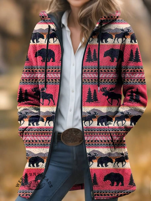 Aztec Christmas Print Unisex Plush Thick Long-Sleeved Cardigan Coat