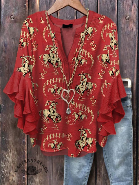 Women's Rodeo Print Casual Cotton And Linen Shirt
