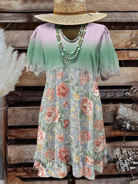 Women's Flower Print Pocket Cotton Dress
