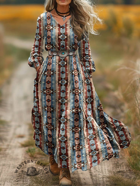 Women's Stripes Print V-Neck Button Pocket Cotton Dress
