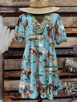 Turquoise Women's Classic West Cowboy Rodeo Print Pocket Cotton Dress