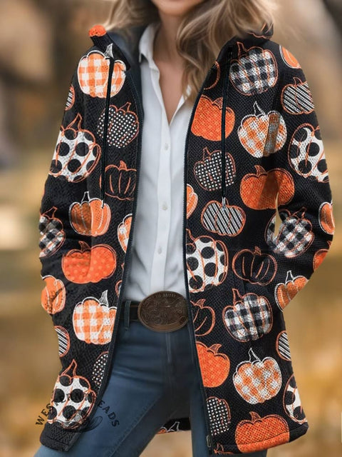 Pumpkin Print Unisex Plush Thick Long-Sleeved Cardigan Coat