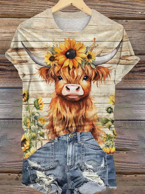 Sunflower Highland Cow Print T-shirt