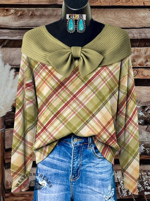 Women's Green Checkered Print Casual Sweater