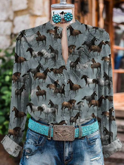 Women's Horse Art Print Casual Cotton And Linen Shirt
