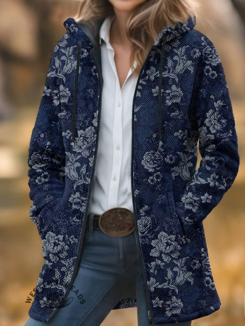 Navy Floral Print Unisex Plush Thick Long-Sleeved Cardigan Coat