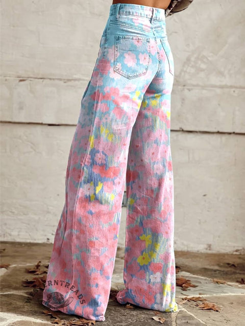 Women's Pink Flower Print Casual Wide Leg Pants