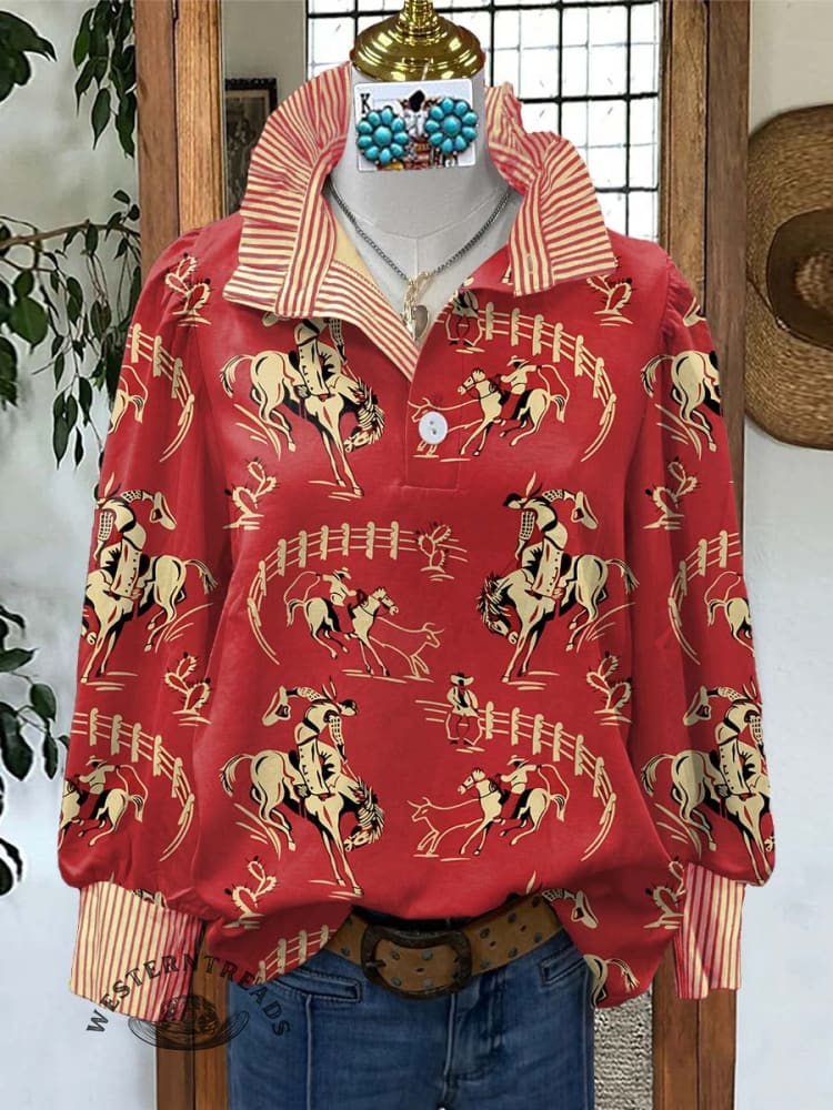Women's Red Rodeo Print Casual Long Sleeve Comfortable Top