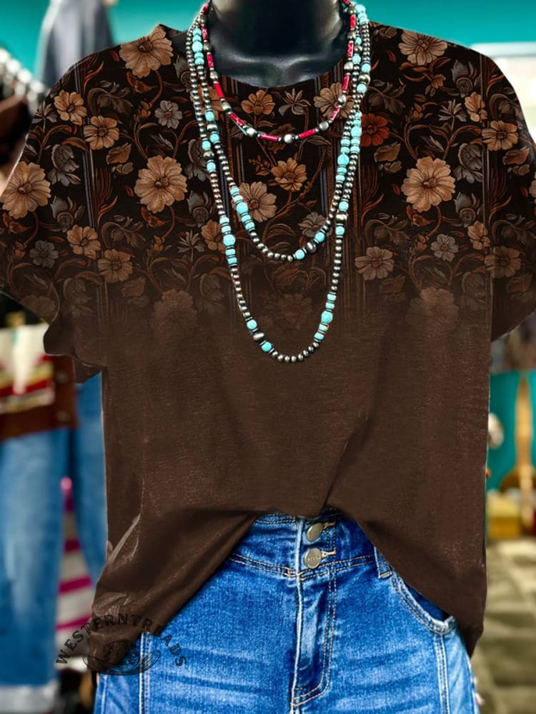 Brown Flower Print T-shirt