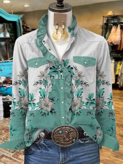 Women's Flower Print Casual Long Sleeve Comfortable Cotton Shirt