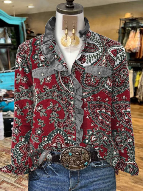 Women's Red Flower Print Casual Long Sleeve Comfortable Cotton Shirt
