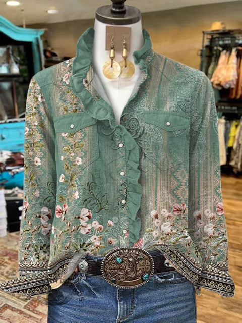 Women's Green Flower Print Casual Long Sleeve Comfortable Cotton Shirt