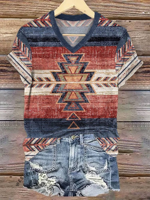 Women's Geometric Ethnic V-neck Casual T-Shirt