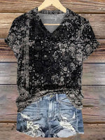 Women's Vintage Black Ethnic V-neck Casual T-Shirt