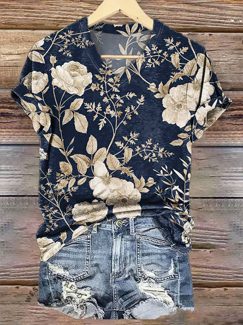 Women's Flower Ethnic V-neck Casual T-Shirt