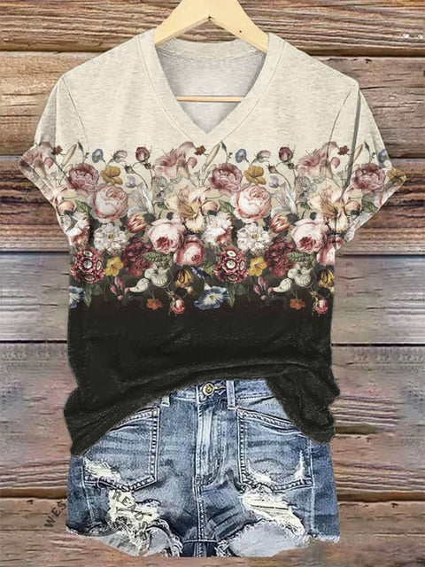 Women's Flower Ethnic V-neck Casual T-Shirt