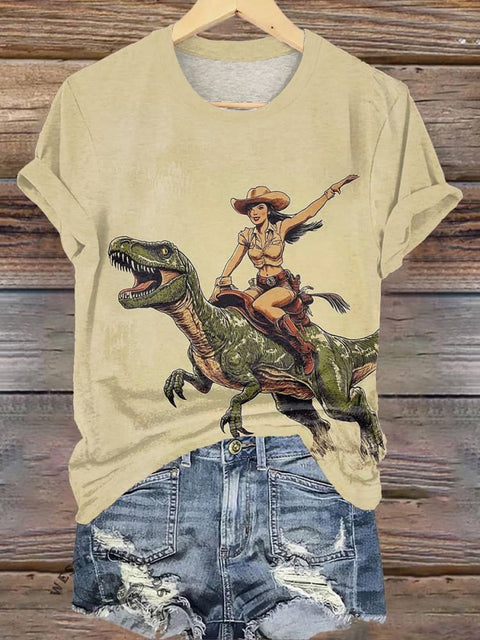 Cowboy Rides Dinosaur Print T-shirt