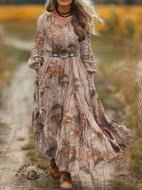 Women's Floral Print V-Neck Button Pocket Cotton Dress