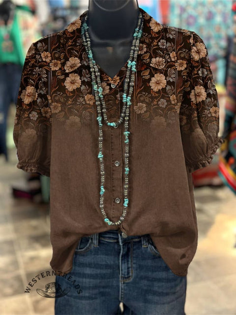 Women's Brown Floral Print Casual Cotton Shirt