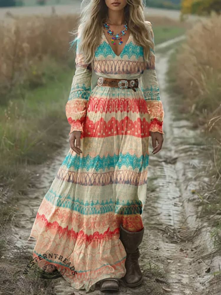 Women's Vintage Print Pocket Cotton Dress